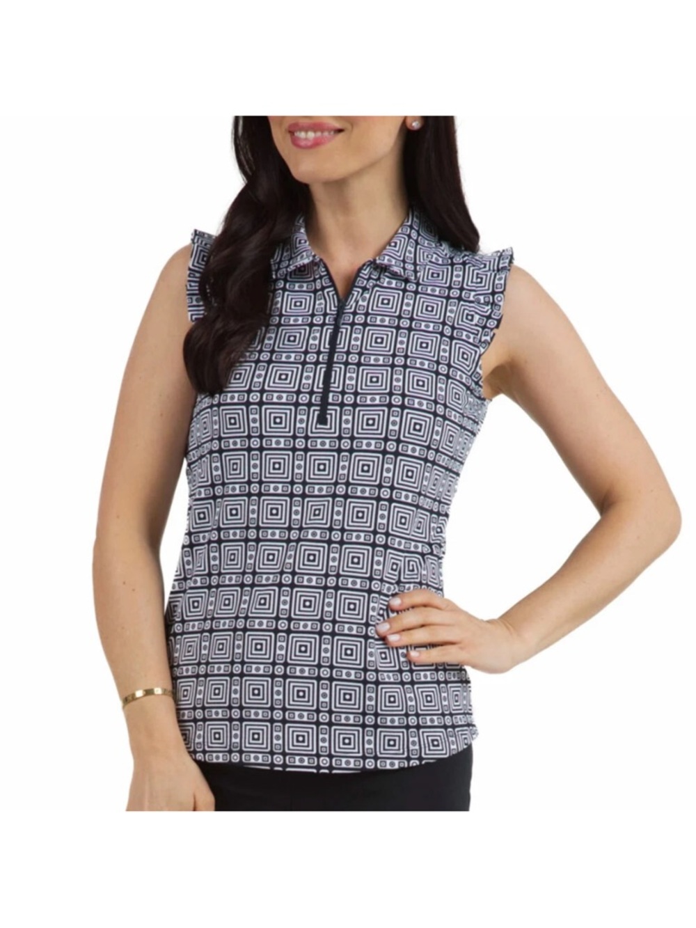 IBKUL Pricilla Sleeveless Zip‎ Golf Black White Geometric Pattern Ruffle Top L